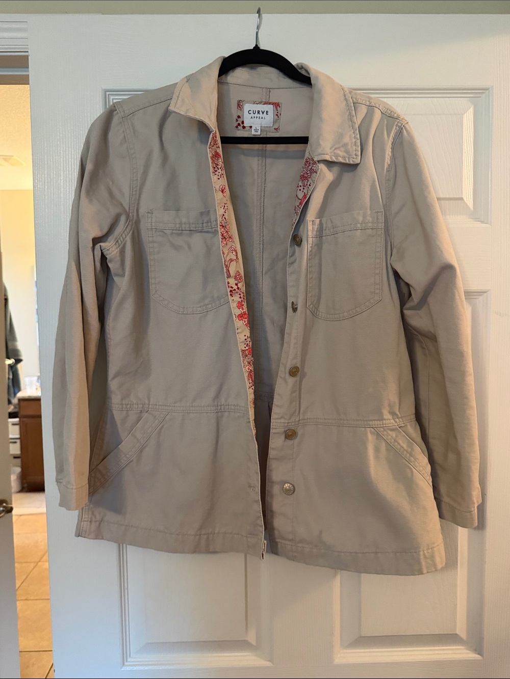 Curvy Canvas Utility Jacket in Beige with Floral Trim